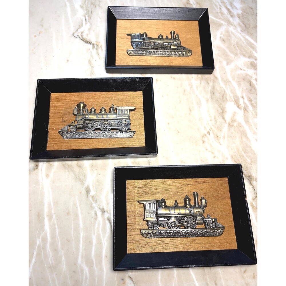 Set Of Three Framed Metal Steam Train Locomotive Wall Art Plaques VTG